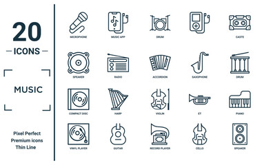 music linear icon set. includes thin line microphone, speaker, compact disc, vinyl player, speaker, accordion, piano icons for report, presentation, diagram, web design © MacroOne