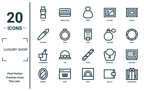 luxury shop linear icon set. includes thin line vase, feather, champagne, mirror, suspenders, atm, safe box icons for report, presentation, diagram, web design