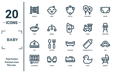 baby linear icon set. includes thin line abacus, food, hat, xylophone, basinet, cup, car icons for report, presentation, diagram, web design