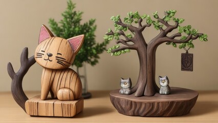 Rustic striped wooden cat with tree of life