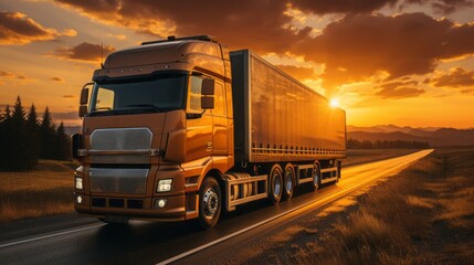 Photo of a vibrant yellow semi truck driving down a scenic road at sunset .generative ai