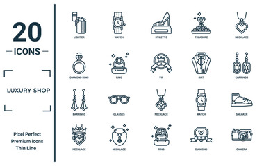 luxury shop linear icon set. includes thin line lighter, diamond ring, earrings, necklace, camera, vip, sneaker icons for report, presentation, diagram, web design