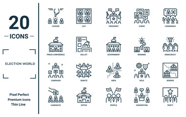 election world linear icon set. includes thin line choose, press conference, campaign, candidate, party, government, border icons for report, presentation, diagram, web design