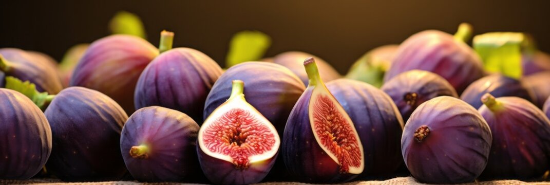 Photo of a vibrant arrangement of fresh figs on a rustic wooden table .generative ai