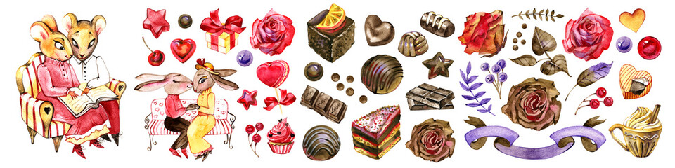 Watercolor chocolate collection. Hand drawn sweets, truffle, praline, chocolate bar, drops, candies and cake. Isolated on a white background - 625609716