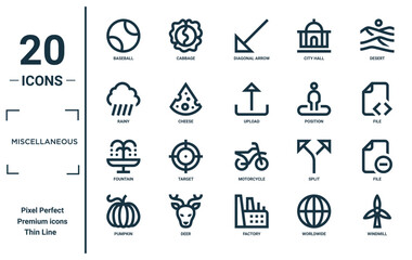 miscellaneous linear icon set. includes thin line baseball, rainy, fountain, pumpkin, windmill, upload, file icons for report, presentation, diagram, web design