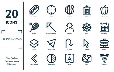 miscellaneous linear icon set. includes thin line hot dog, tennis, layers, left chevron, tornado, support, panels icons for report, presentation, diagram, web design