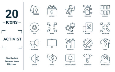 activist linear icon set. includes thin line , sun, megaphone, speaker, baseball cap, handcuffs, tshirt icons for report, presentation, diagram, web design