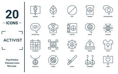 activist linear icon set. includes thin line banner, prohibition, calendar, necklace, love, poster, tshirt icons for report, presentation, diagram, web design