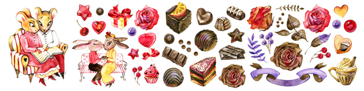 Watercolor chocolate collection. Hand drawn sweets, truffle, praline, chocolate bar, drops, candies and cake. Isolated on a white background
