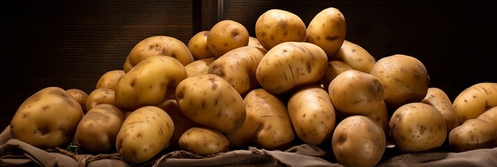 Photo of a pile of freshly harvested potatoes on a rustic cloth .generative ai - obrazy, fototapety, plakaty
