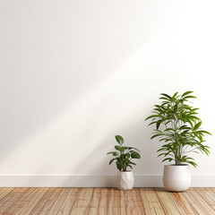 3D rendering White wall mockup, plant and wood floor