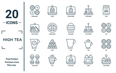 high tea linear icon set. includes thin line doughnut, cake dome, tea, cupcake, tea stand, cupcake, pie icons for report, presentation, diagram, web design