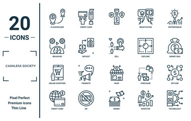 cashless society linear icon set. includes thin line placeholder, behavior, online shopping, credit card, technology, sell, bitcoin icons for report, presentation, diagram, web design