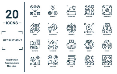 recruitment linear icon set. includes thin line decide, profit, employee, job, interview, resource, hands icons for report, presentation, diagram, web design