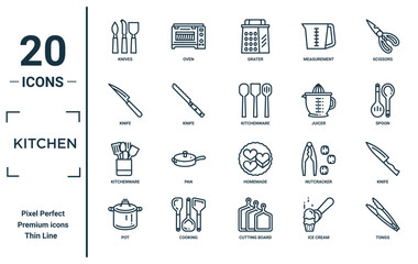 kitchen linear icon set. includes thin line knives, knife, kitchenware, pot, tongs, kitchenware, knife icons for report, presentation, diagram, web design