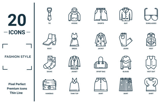 fashion style linear icon set. includes thin line tie, boot, socks, handbag, shirt, jacket, vest suit icons for report, presentation, diagram, web design