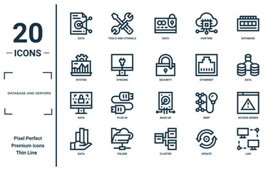 database and servers linear icon set. includes thin line data, system, data, data, lan, security, access denied icons for report, presentation, diagram, web design