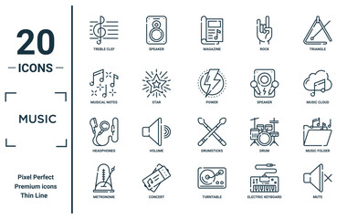 music linear icon set. includes thin line treble clef, musical notes, headphones, metronome, mute, power, music folder icons for report, presentation, diagram, web design