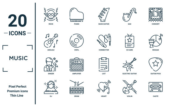 music linear icon set. includes thin line rock, ukelele, singer, dj, caste, connector, guitar pick icons for report, presentation, diagram, web design