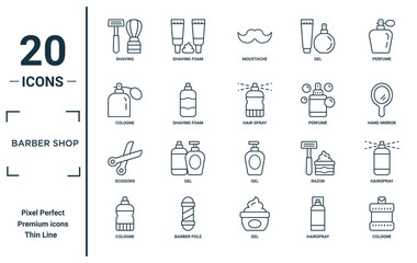 barber shop linear icon set. includes thin line shaving, cologne, scissors, cologne, cologne, hair spray, hairspray icons for report, presentation, diagram, web design