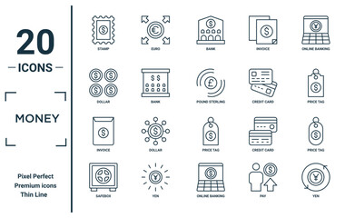 money linear icon set. includes thin line stamp, dollar, invoice, safebox, yen, pound sterling, price tag icons for report, presentation, diagram, web design