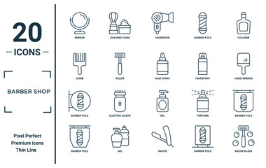 barber shop linear icon set. includes thin line mirror, comb, barber pole, barber pole, razor blade, hair spray, pole icons for report, presentation, diagram, web design