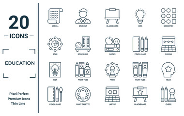 education linear icon set. includes thin line scroll, star, idea, pencil case, chess, books, head icons for report, presentation, diagram, web design