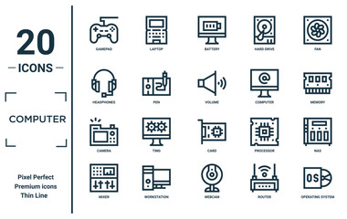 computer linear icon set. includes thin line gamepad, headphones, camera, mixer, operating system, volume, nas icons for report, presentation, diagram, web design
