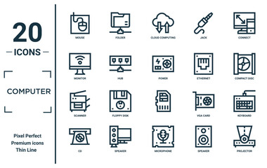 computer linear icon set. includes thin line mouse, monitor, scanner, cd, projector, power, keyboard icons for report, presentation, diagram, web design