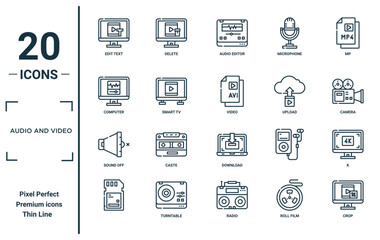 audio and video linear icon set. includes thin line edit text, computer, sound off, , crop, video, k icons for report, presentation, diagram, web design