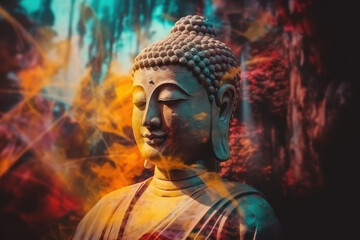Abstract glowing golden buddha with colorful double exposure paint