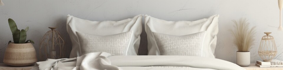Close up Bed pillow detail element home interior contemporary bedroom with white soft bed pillow arrange bedroom in daylight house beautiful detail design background,ai generate