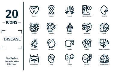 disease linear icon set. includes thin line caries, cancer, radiculitis, hemorrhoids, tuberculosis, crutch, mental disorder icons for report, presentation, diagram, web design