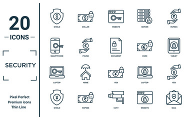 security linear icon set. includes thin line shield, smartphone, laptop, shield, mail, document, yen icons for report, presentation, diagram, web design