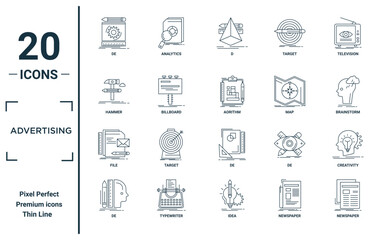 advertising linear icon set. includes thin line de, hammer, file, de, newspaper, aorithm, creativity icons for report, presentation, diagram, web design