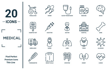 medical linear icon set. includes thin line wheelchair, diabetes test, ambulance, thermometer, cardio, doctor, allergies icons for report, presentation, diagram, web design