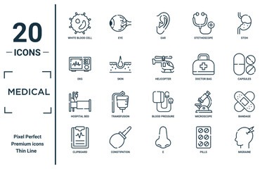 medical linear icon set. includes thin line white blood cell, ekg, hospital bed, clipboard, migraine, helicopter, bandage icons for report, presentation, diagram, web design