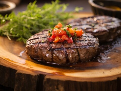 Arrachera grilled to perfection, topped with homemade salsa and served on a rustic wooden plate