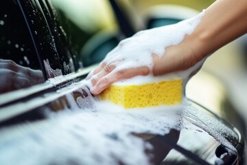 Hands Washing Black Car with Yellow Sponge - Generative ai