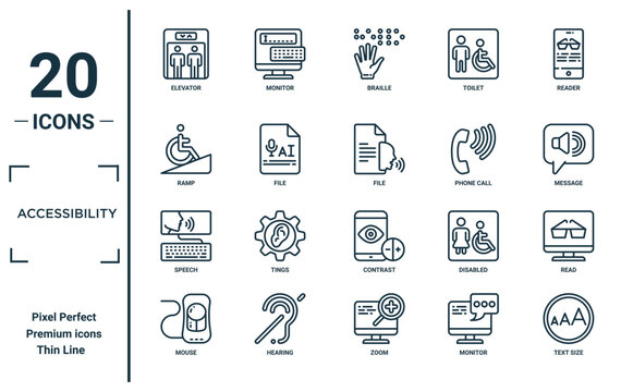accessibility linear icon set. includes thin line elevator, ramp, speech, mouse, text size, file, read icons for report, presentation, diagram, web design