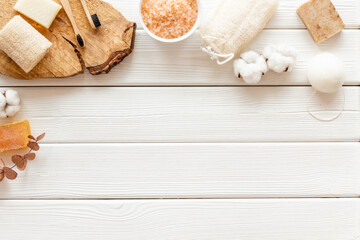 Spa and bathroom background with cosmetics and accessories