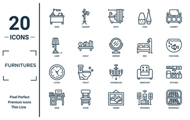 furnitures linear icon set. includes thin line desk, lamp, clock, desk, bookshelf, mirror, kitchen icons for report, presentation, diagram, web design