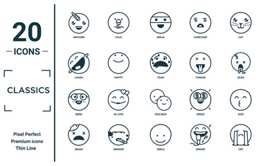 classics linear icon set. includes thin line unicorn, laugh, nerd, brain, cry, fear, kiss icons for report, presentation, diagram, web design