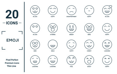 emoji linear icon set. includes thin line in love, in love, geek, laughing, happy, greedy, laughing icons for report, presentation, diagram, web design