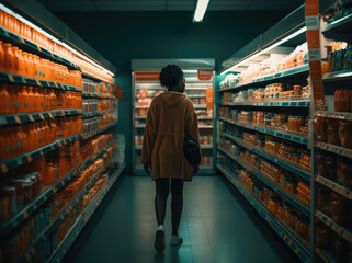 a woman is standing in the aisle of a supermarket, generative AI
