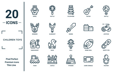 children toys linear icon set. includes thin line angel, reindeer, sand bucket, train, pacifier, sword, safety pin icons for report, presentation, diagram, web design