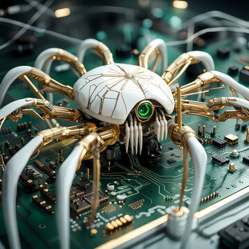 Futuristischer Bug steht auf einer Computerfestplatte. Konzept: Computer und Netzwersicherheit. Biopunk Art.