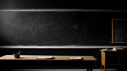 Study table and black board background, return to school, 3D illustration. Generative.