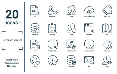 interaction set linear icon set. includes thin line file, database, file, user, user, user, price tag icons for report, presentation, diagram, web design